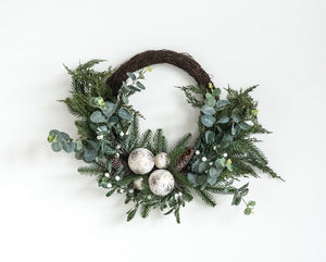 Wreath, Faux Pine w/Birch Balls 26"