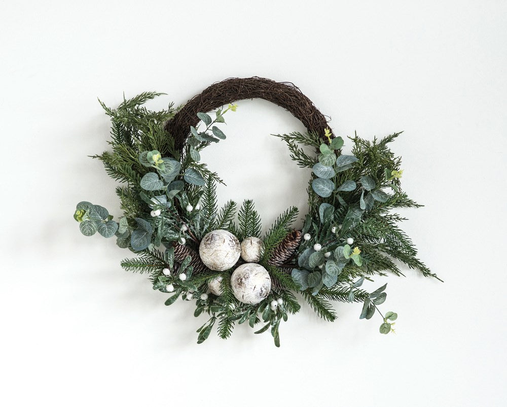 Wreath, Faux Pine w/Birch Balls 26